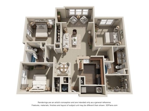 Floor plan for 3 beds, 2 baths, 1555 sqft